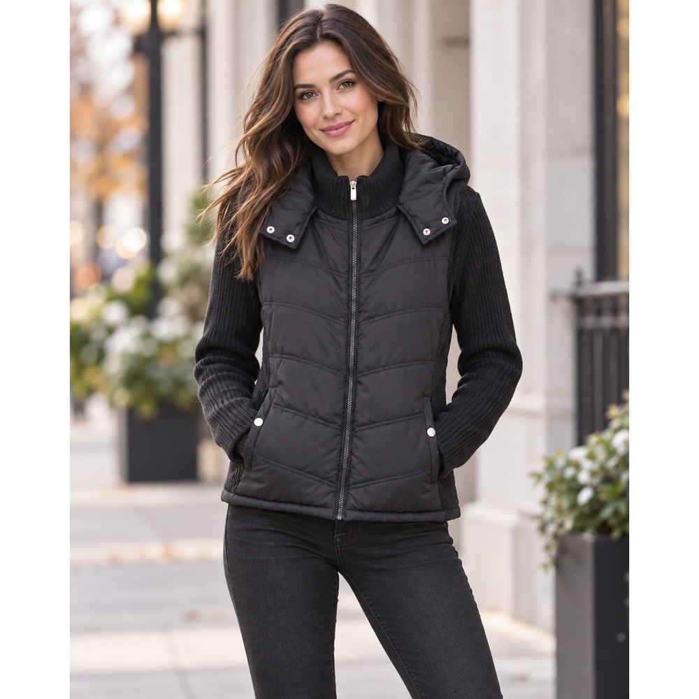 Stoosh Black Mixed Media Puffer Knit Hooded Jacket XL Urban Casual Sporty Chic